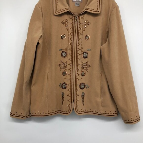 TanJay Brown Faux Suede embroidered Zip-up Lightweight Jacket size 12 - Picture 5 of 15